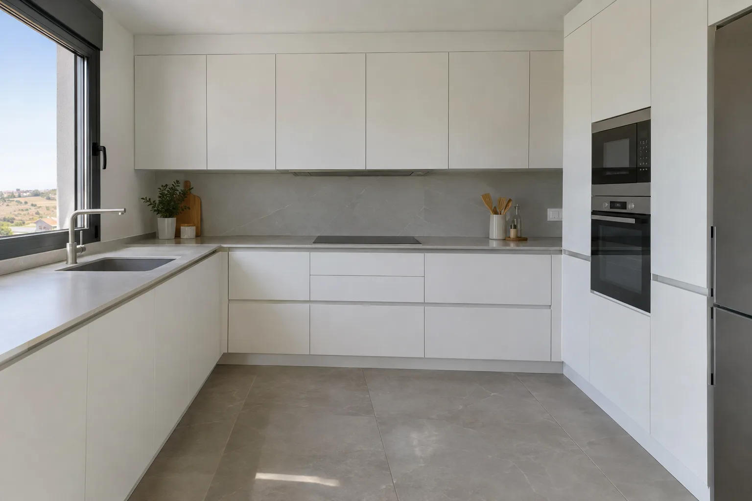 Cocina reformada en blanco mate con encimera de porcelánico gris claro