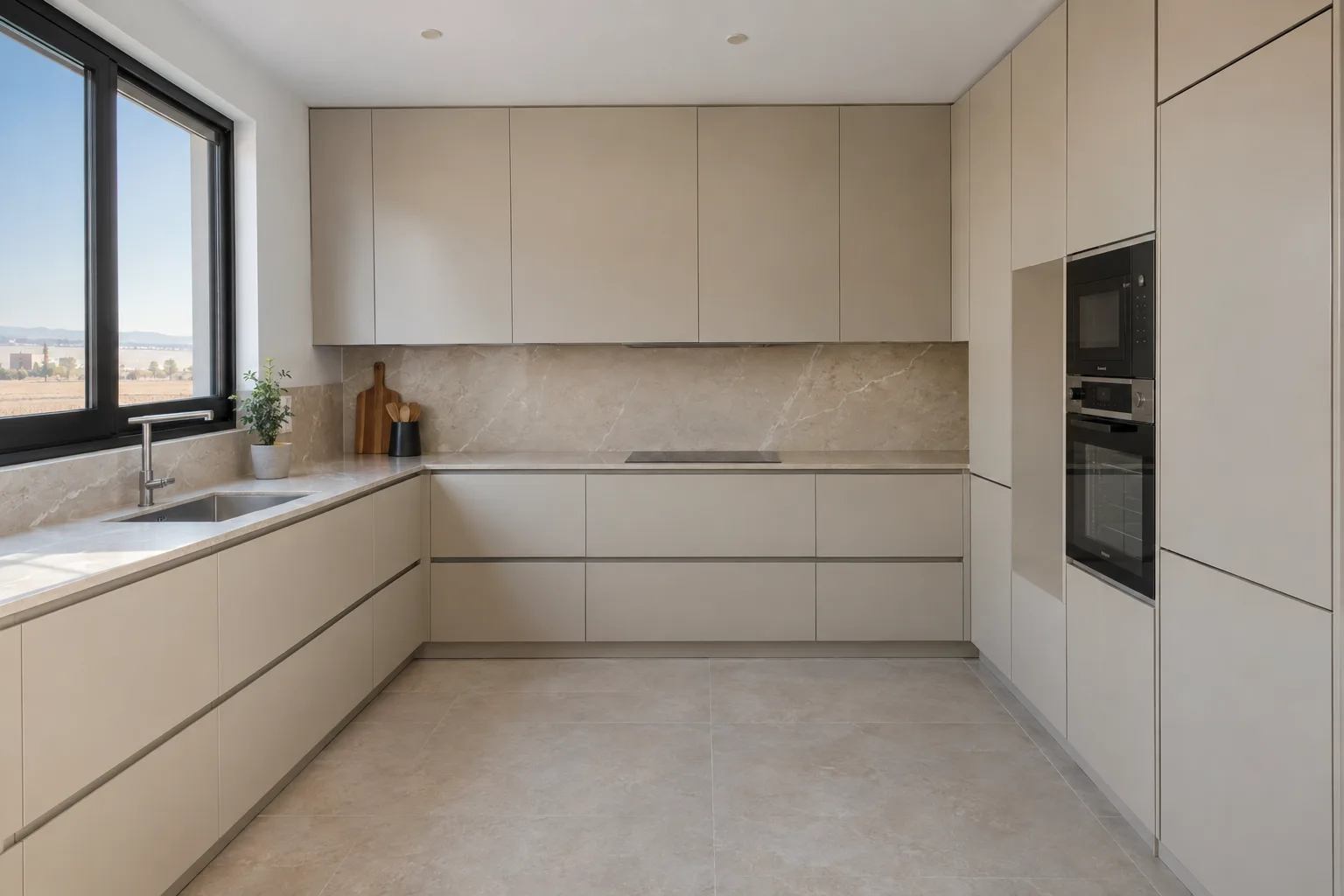 Cocina en L con muebles hasta el techo y frente sin juntas