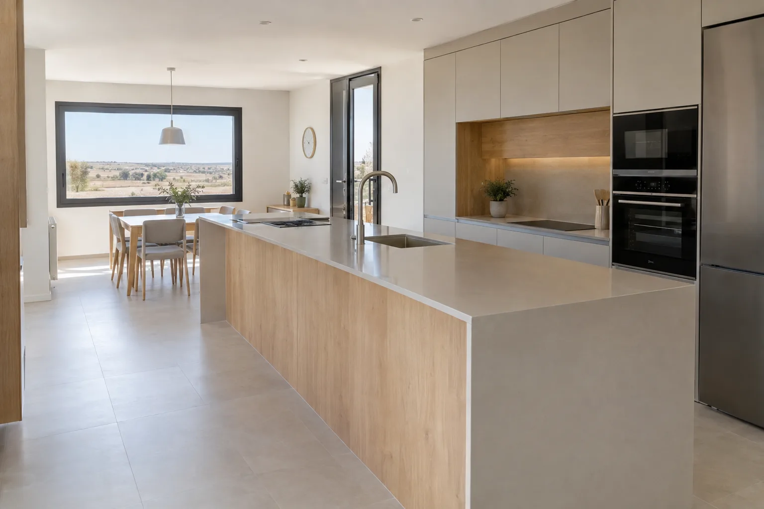 Cocina con península y encimera continua, abierta al office