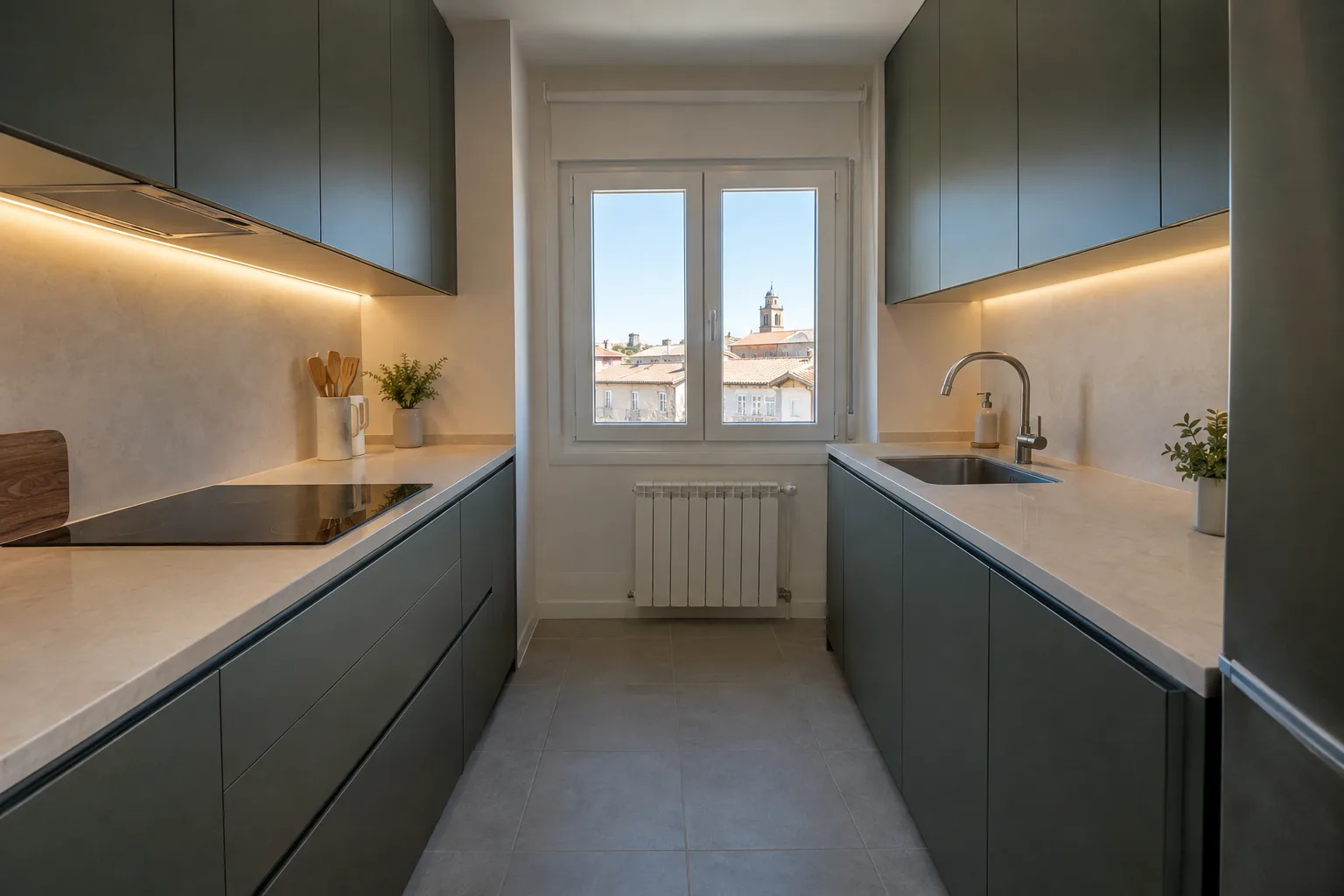 Cocina de piso reformado en dos frentes enfrentados