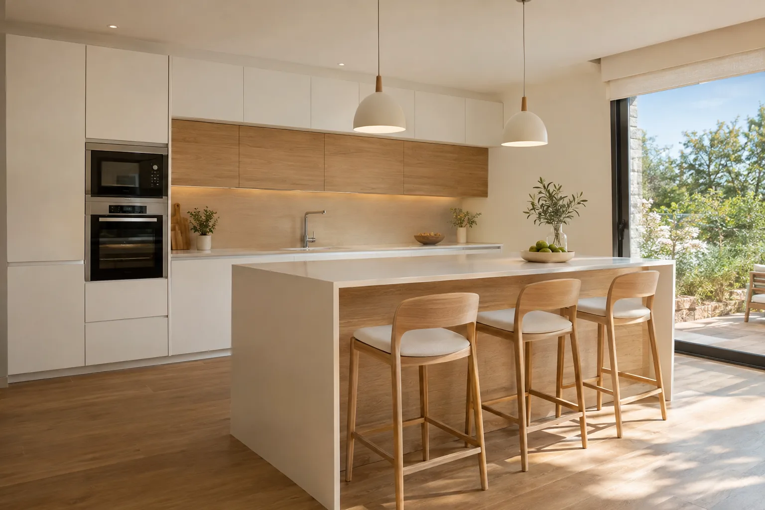 Cocina terminada en blanco y madera, con península y luz natural
