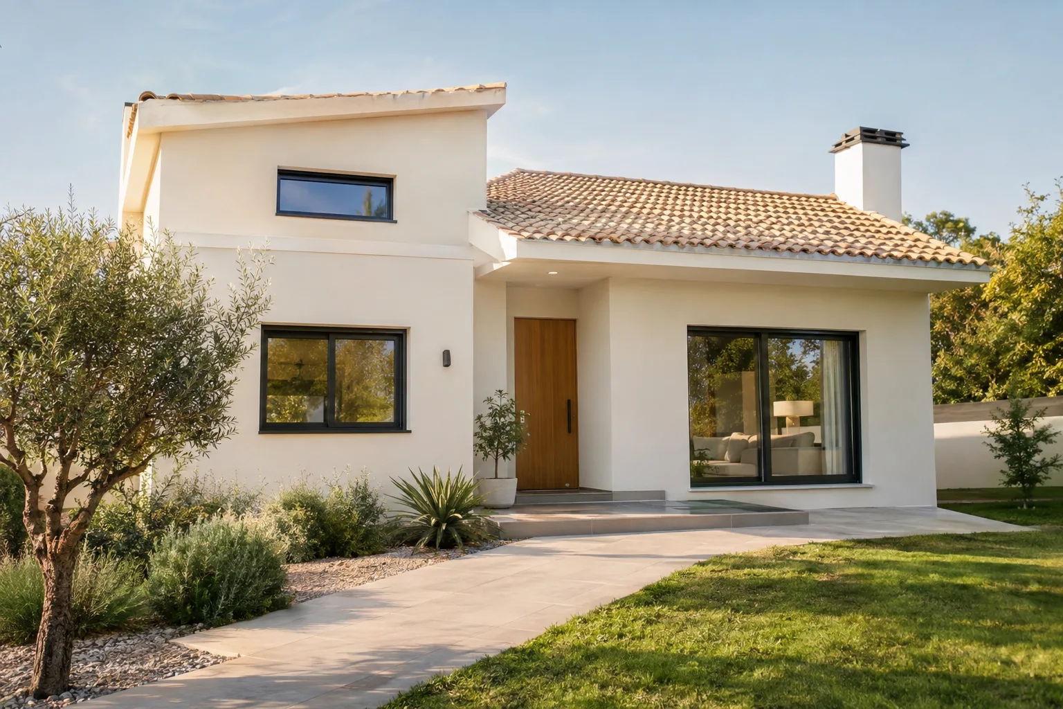 Fachada de vivienda unifamiliar con monocapa y carpintería nueva