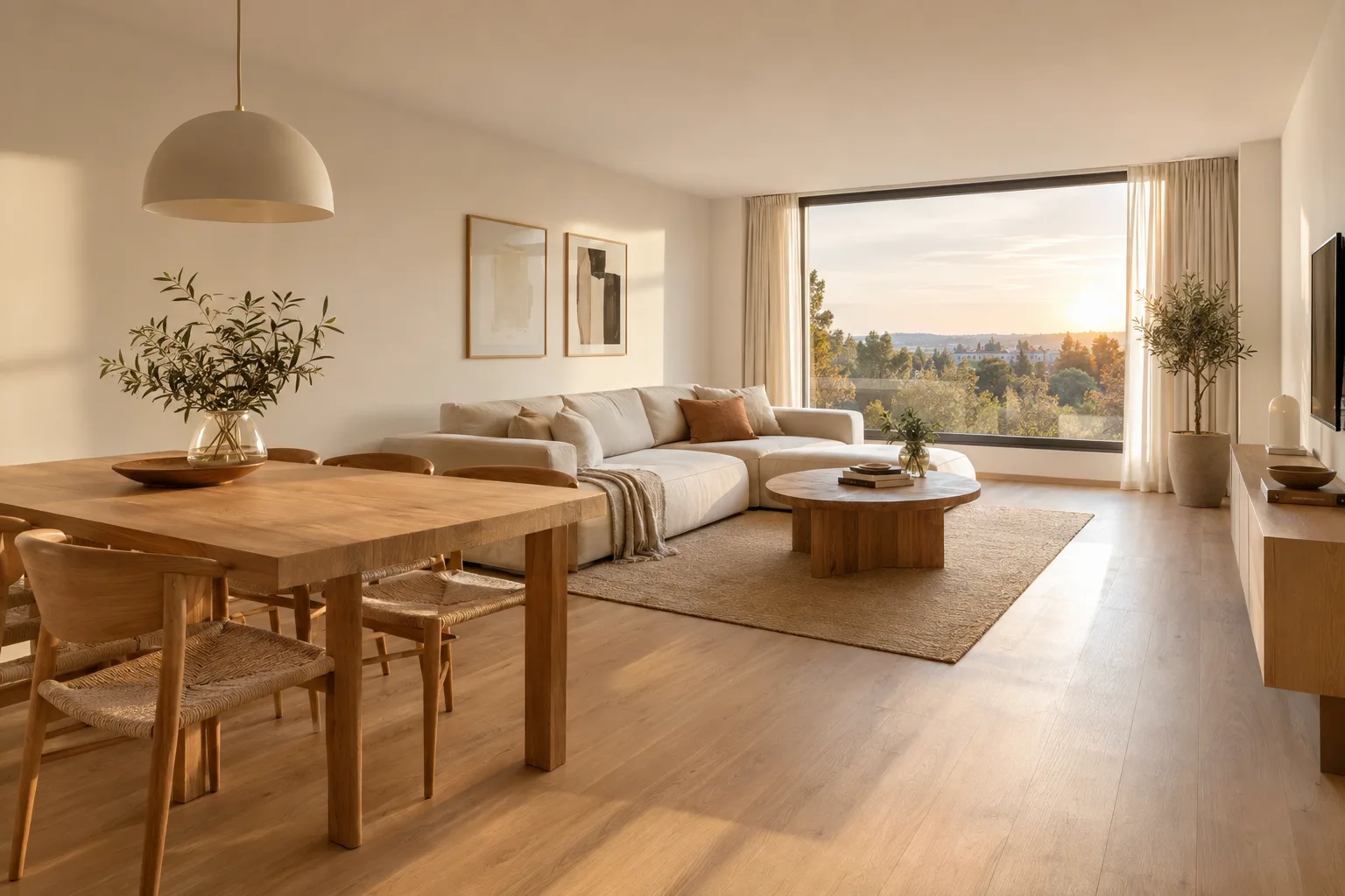 Salón comedor de una vivienda reformada, con suelo de madera y gran ventanal