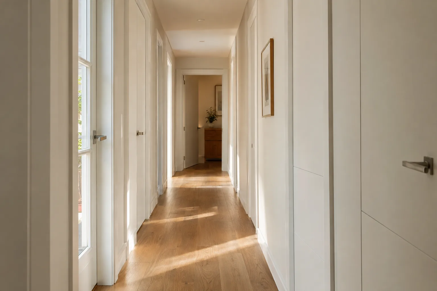 Pasillo con puertas lacadas hasta el techo y suelo de madera