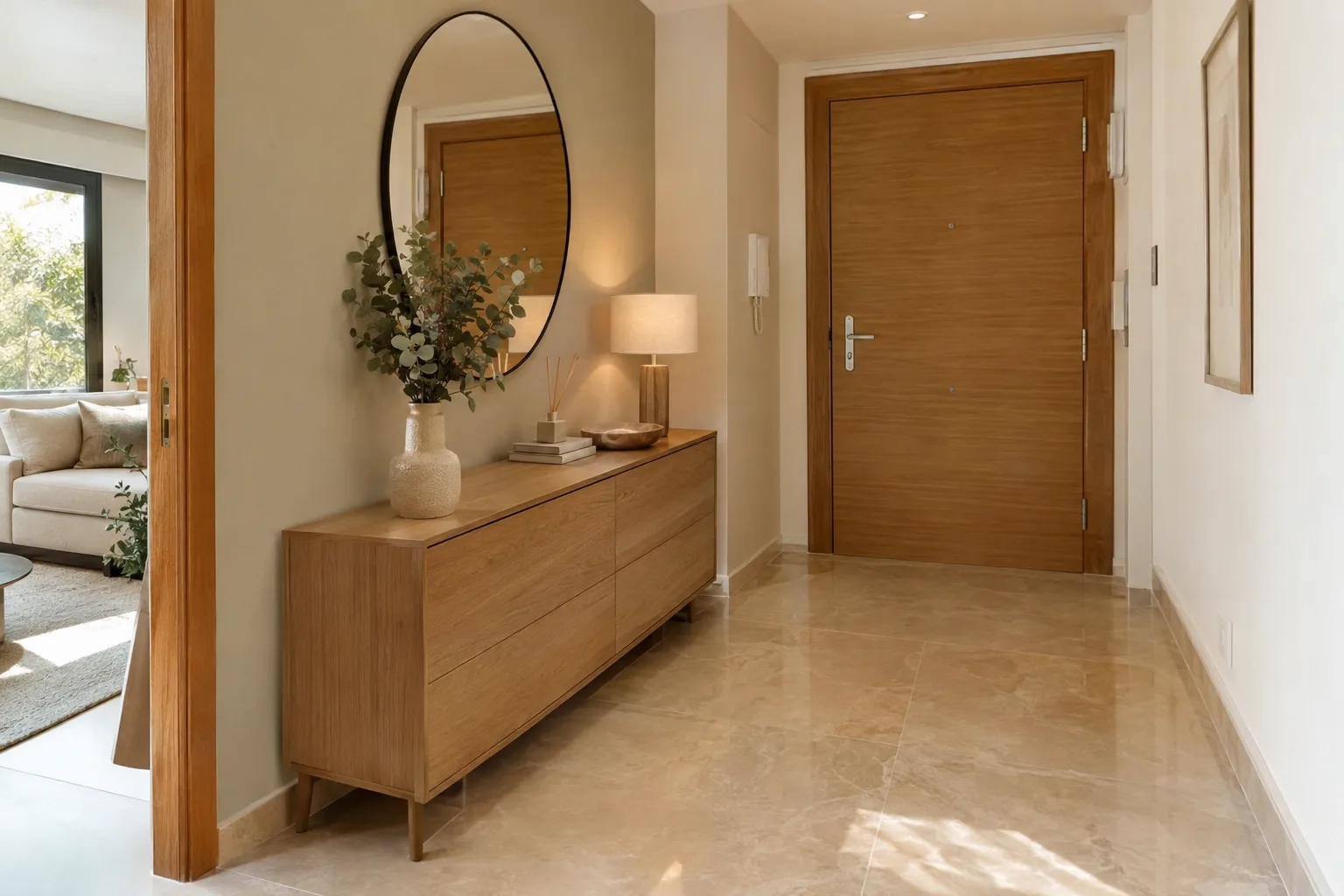 Recibidor reformado con mueble bajo y suelo porcelánico