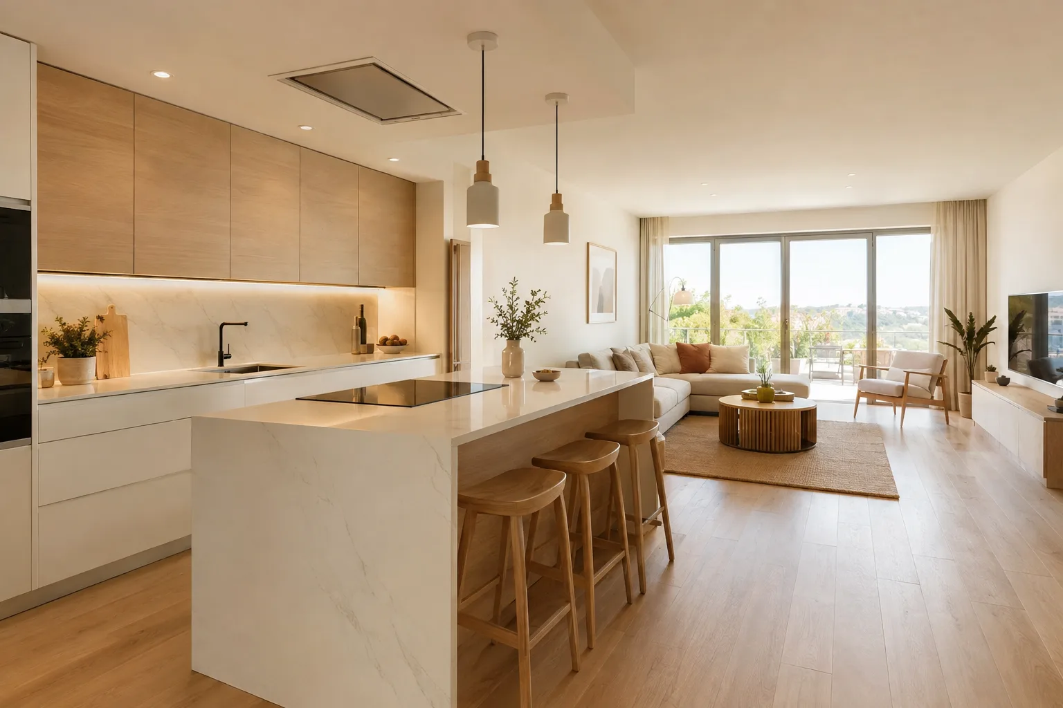 Cocina abierta al salón con península y encimera continua