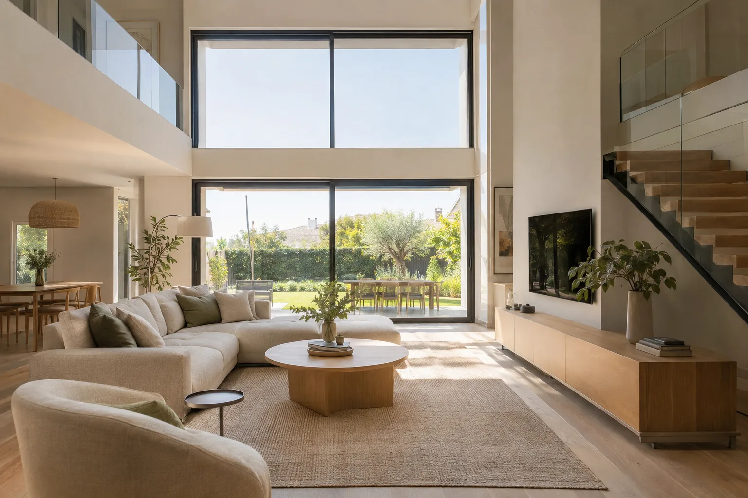 Salón de doble altura con ventanal al jardín
