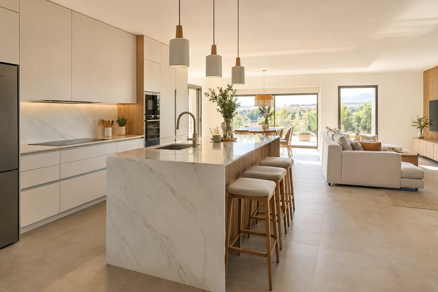 Cocina de obra nueva con isla y encimera de porcelánico
