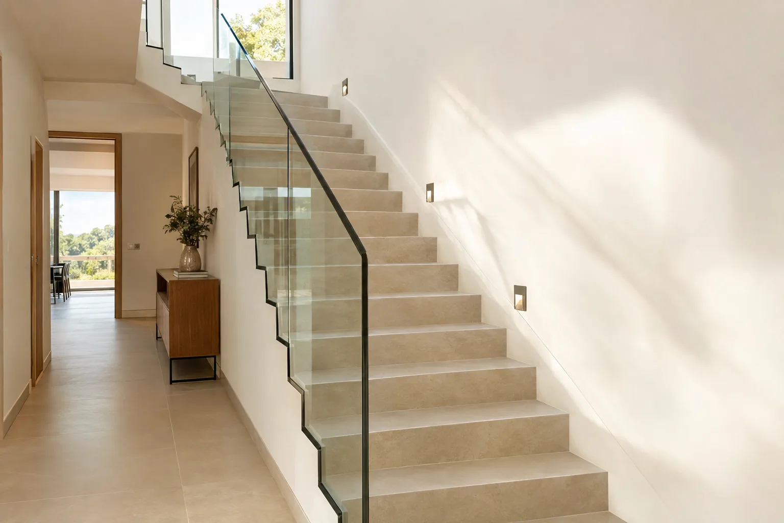 Escalera con peldaños de porcelánico y barandilla de vidrio