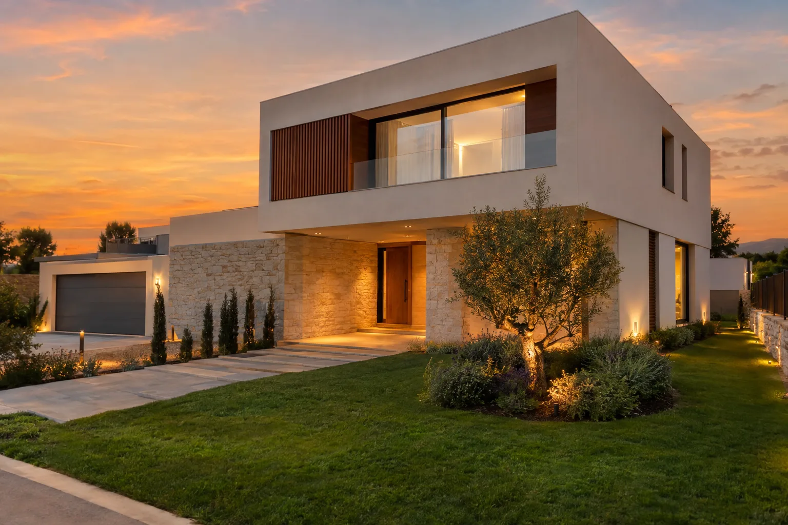 Fachada de vivienda de obra nueva con la iluminación encendida