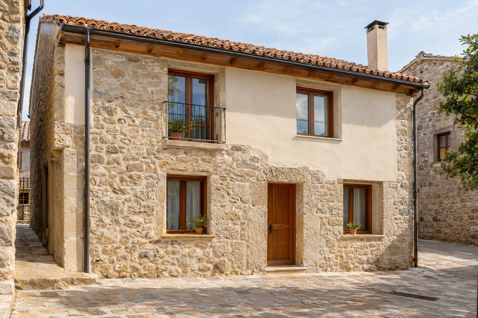 Casa de pueblo rehabilitada, con piedra, revoco claro y tejado de teja