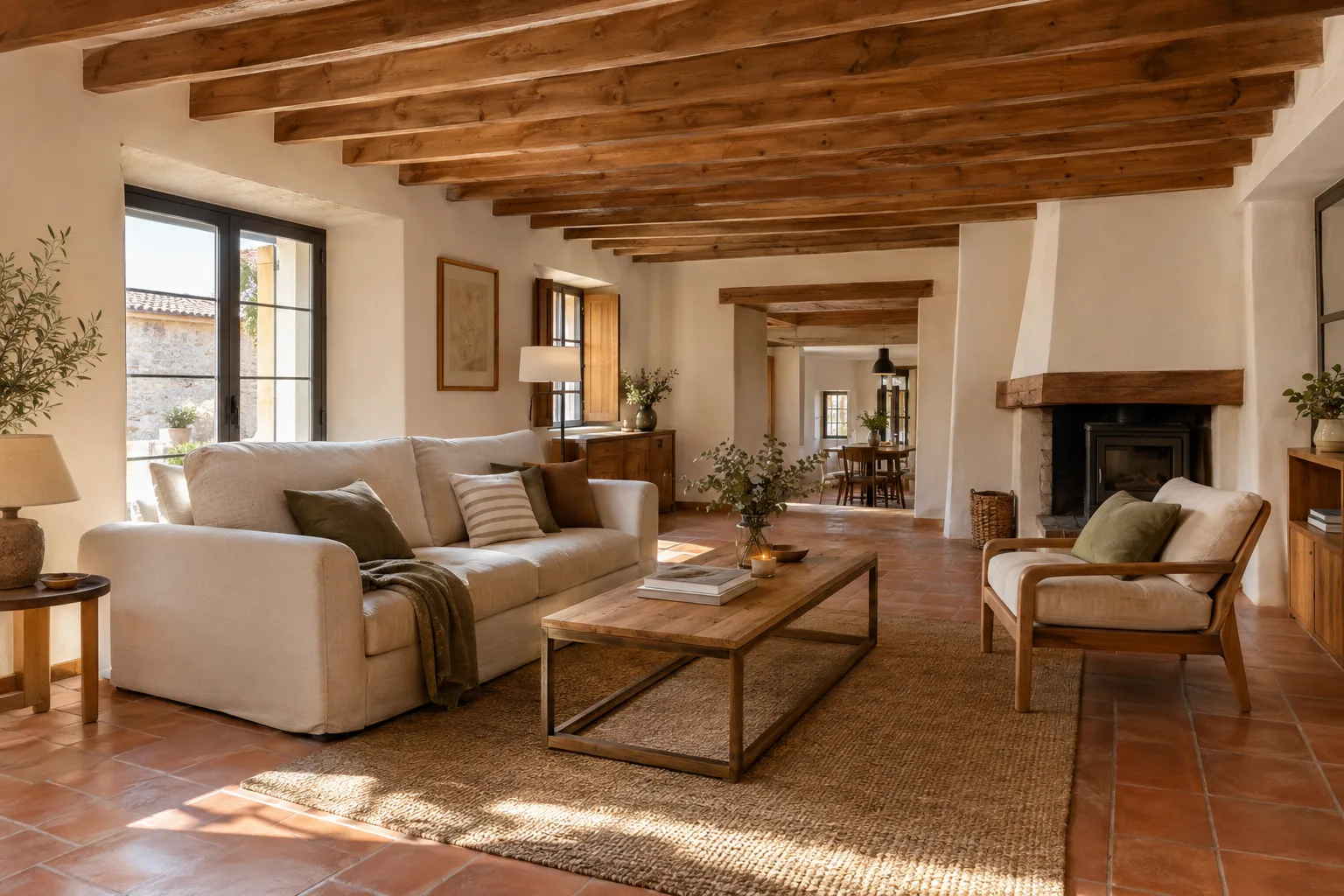 Salón de casa de pueblo con vigas de madera tratadas y suelo de barro