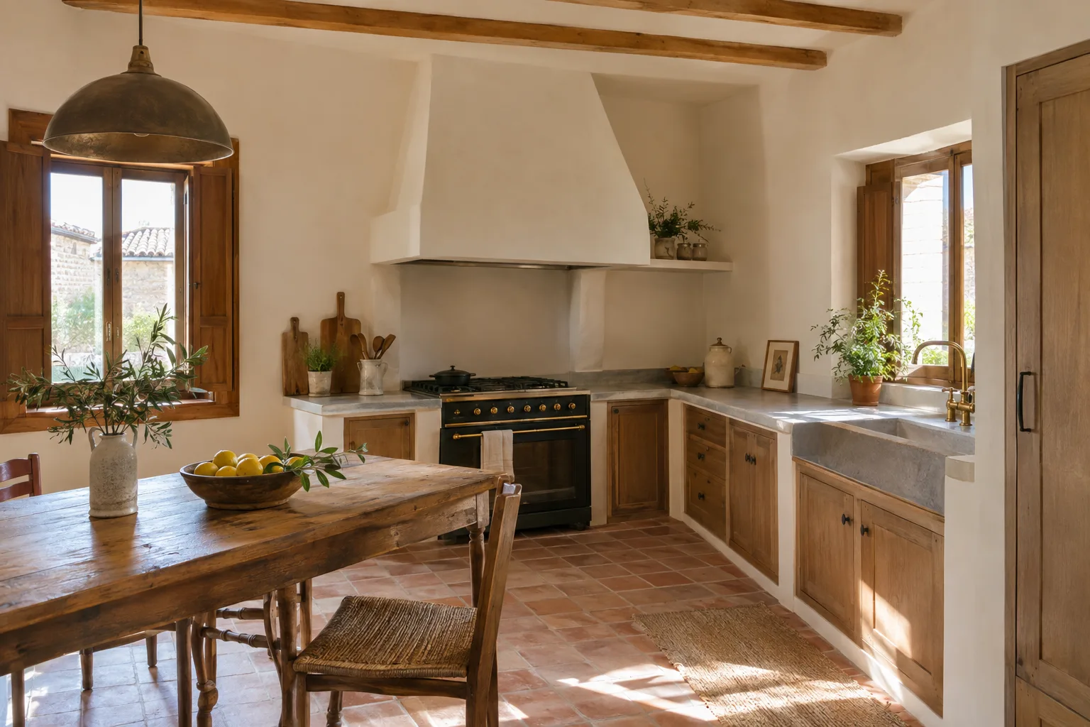 Cocina rústica rehabilitada con campana de obra encalada