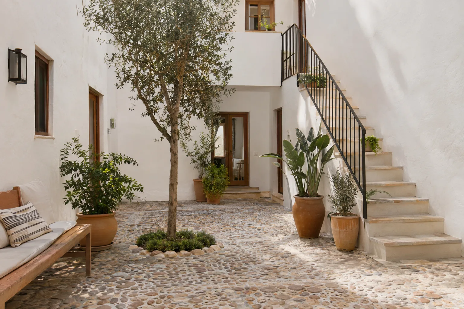 Patio interior empedrado y encalado de una casa de pueblo