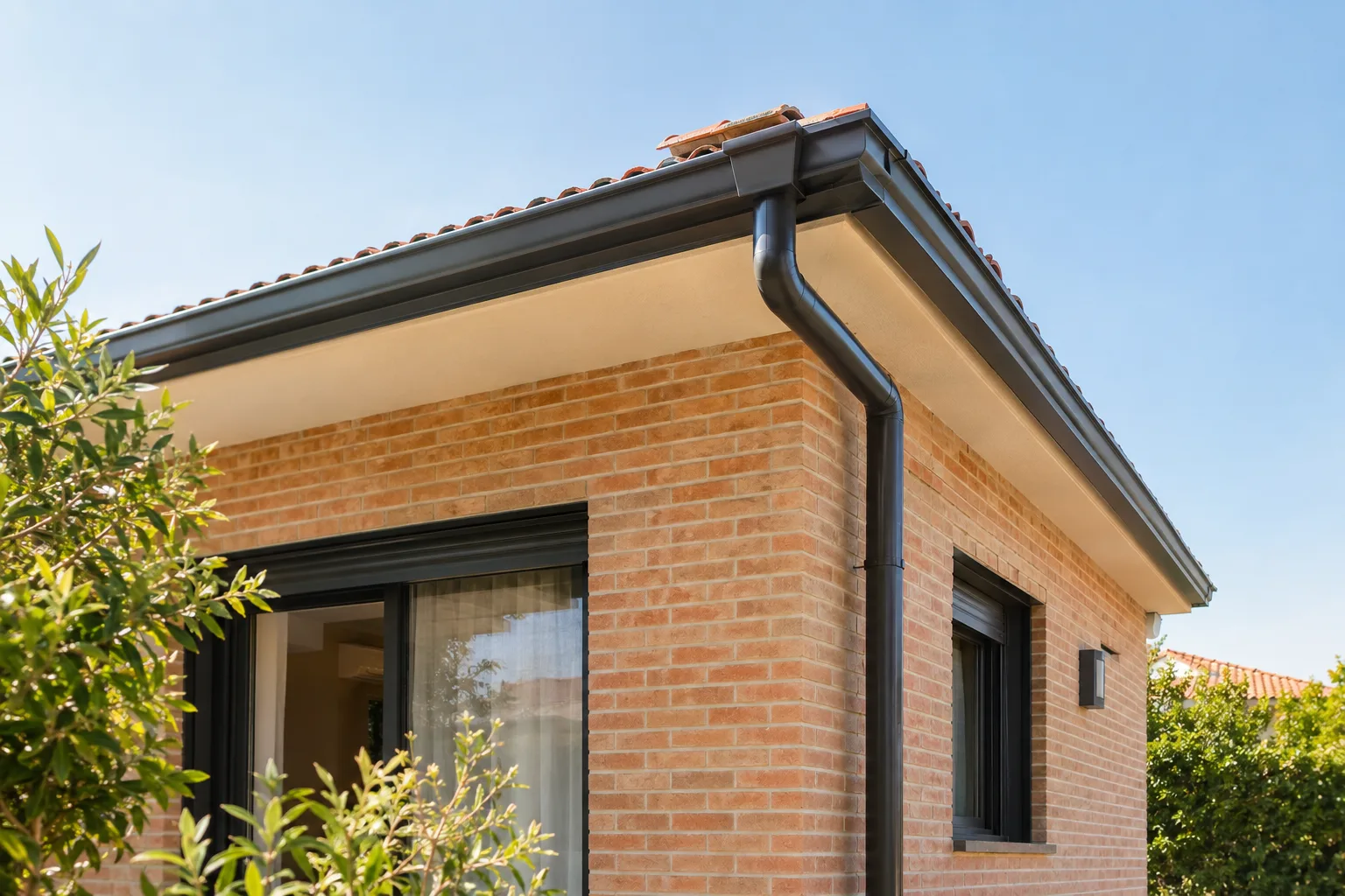 Canalón y bajante nuevos en el alero de una vivienda de ladrillo